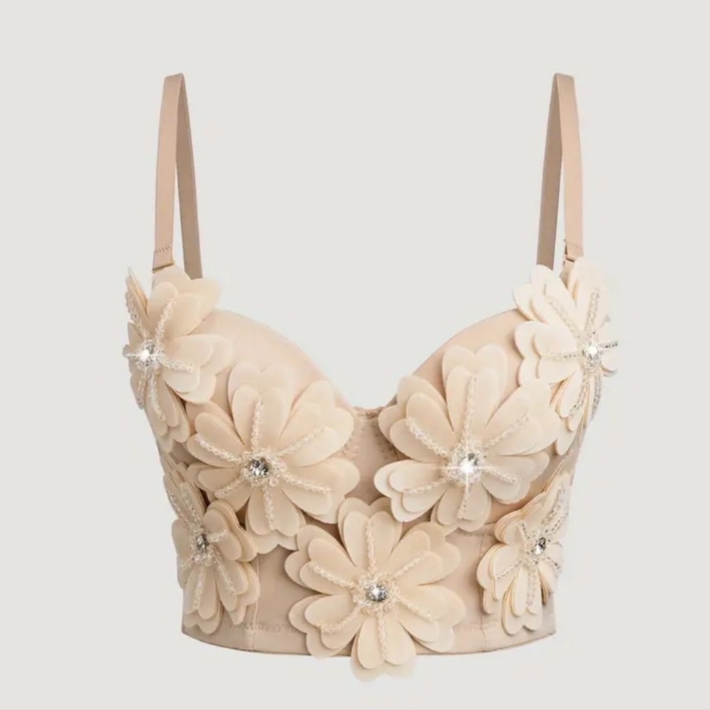 Ladies Floral Rhinestone Strapless Corset Top. 3D Flower Design.